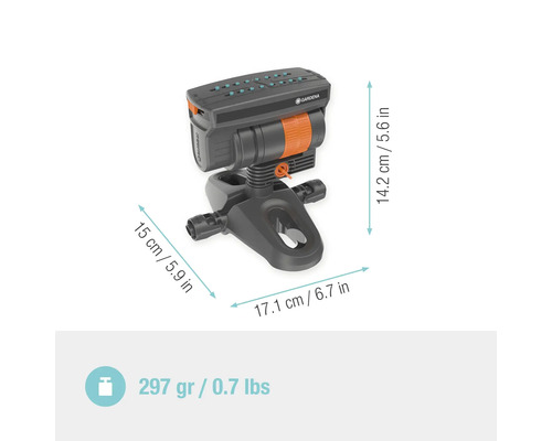 Aspersor Gardena multi-suprafețe cu dimensiuni