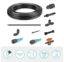 Sistem Gardena Micro-Drip cu furtun de picurare, dop de reglare, dop de capăt, conector, racord în T, cot, ac de curățare și unealtă