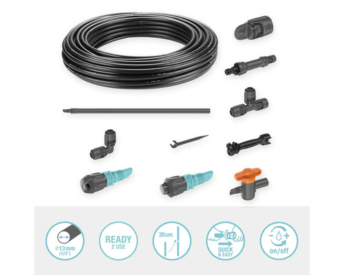 Sistem Gardena Micro-Drip cu furtun de picurare, dop de reglare, dop de capăt, conector, racord în T, cot, ac de curățare și unealtă