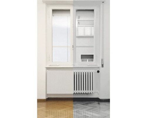 Vedere a unei ferestre cu un radiator dedesubt