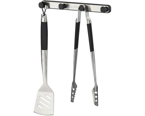 Set ustensile grătar cu spatulă și clește pe un suport