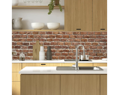 Scenă de bucătărie cu chiuvetă, baterie și placare de bucătărie cu aspect de cărămidă