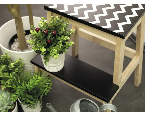 Scenă decorativă cu un taburet cu model în zig-zag și diverse plante de interior.