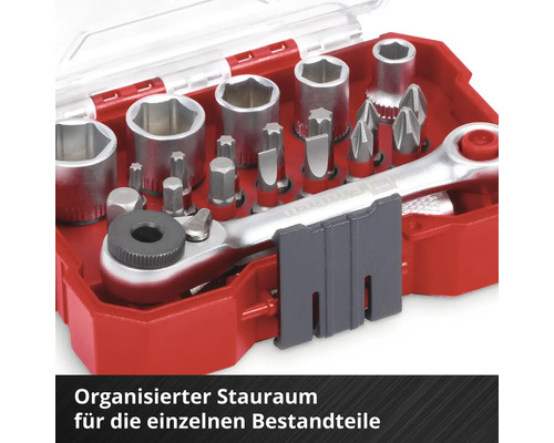 Set de chei tubulare cu clichet și biți în carcasă roșie