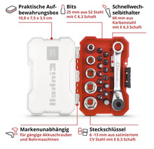 Set de biți și chei tubulare Einhell în cutie de depozitare