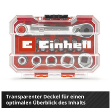 Logo Einhell deasupra setului de chei tubulare cu clichet și biți în cutie transparentă