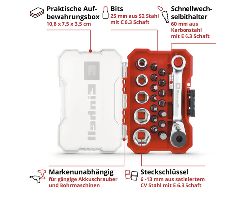 Set de biți și chei tubulare Einhell cu cutie de depozitare