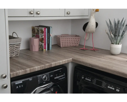 Scenă de spălătorie cu mașină de spălat, uscător și elemente decorative pe un blat