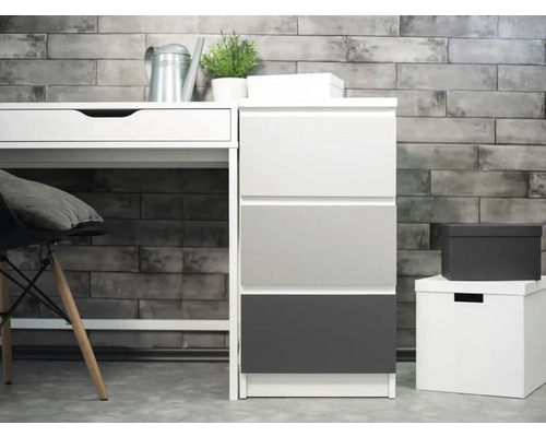 Birou cu comodă cu sertare, stropitoare și plantă