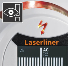 Logo Laserliner. Simbol de avertizare pentru iritarea ochilor. Simbol de avertizare pentru tensiune electrică.