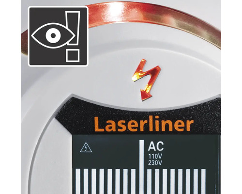 Logo Laserliner. Simbol de avertizare pentru iritarea ochilor. Simbol de avertizare pentru tensiune electrică.