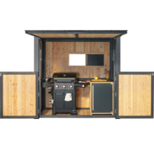 Cabină de grătar cu grătar pe gaz și pereți din lemn