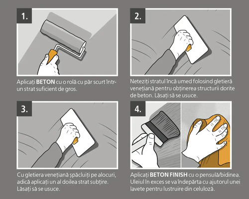 Instrucțiuni pentru aspect de beton cu trafalet, gletieră și pensulă