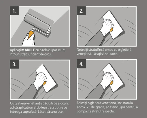 Instrucțiuni pentru prelucrarea unui aspect de marmură cu trafalet și gletieră venețiană netedă
