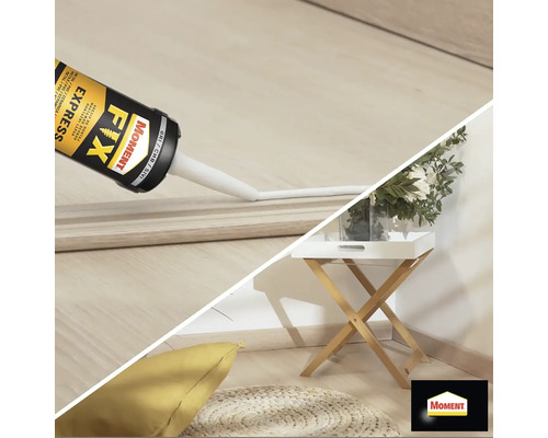 Aplicarea adezivului de montaj pe o șipcă de lemn, înconjurat de accesorii pentru casă și logo-ul Moment