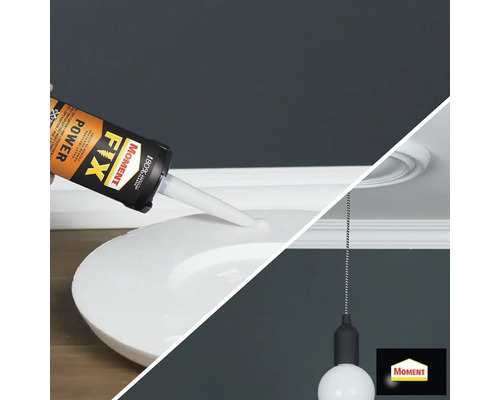 Adezivul de montaj Moment Power Fix este aplicat pe un element decorativ alb. Logo-ul companiei Moment.
