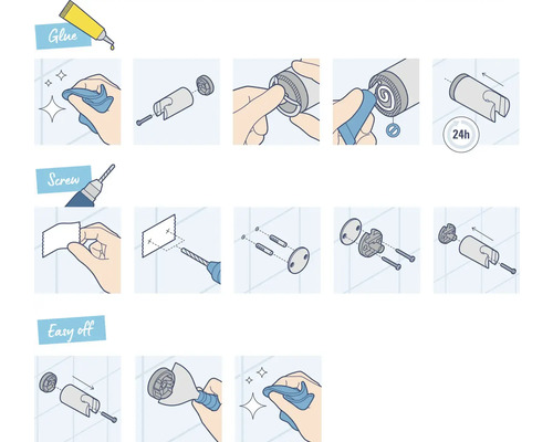Ilustrație a unui manual de asamblare pentru un produs cu lipire, înșurubare și îndepărtare