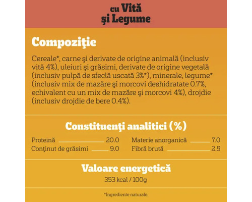 Compoziția hranei pentru câini cu carne de vită și legume.