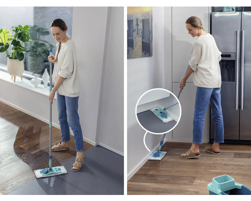 Femeie șterge o podea dintr-o casă cu un mop.