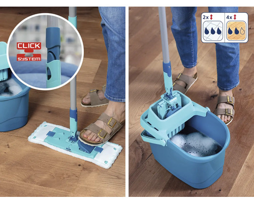 Mop cu găleată și storcător pe o podea de lemn