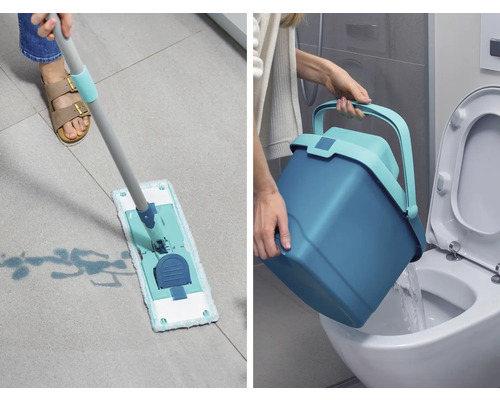 Scenă de curățare cu mop și găleată într-o baie.