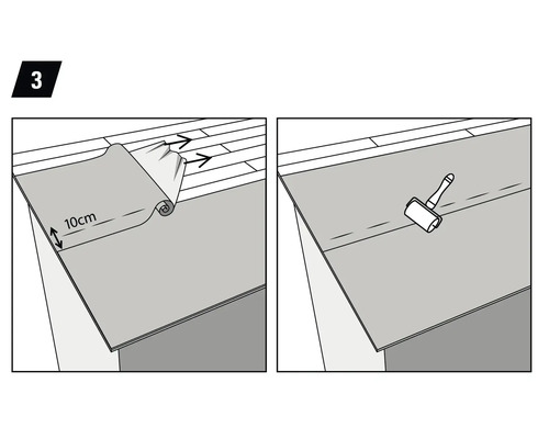 Ilustrație a montării substratului izolant cu o suprapunere de 10 centimetri și o rolă de presare.