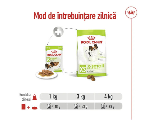 Hrană pentru câini Royal Canin pentru câini adulți de talie foarte mică, recomandare de hrănire