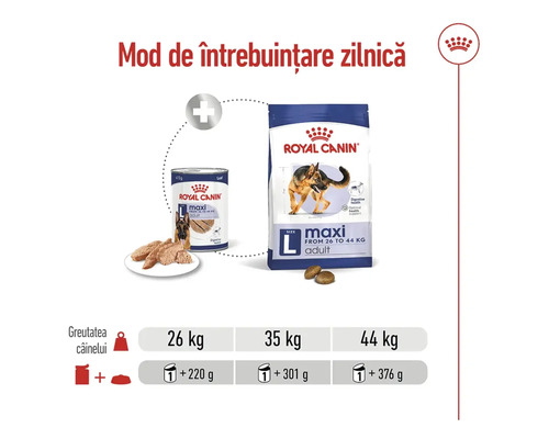 Hrană pentru câini Royal Canin Maxi Adult cu recomandări de hrănire