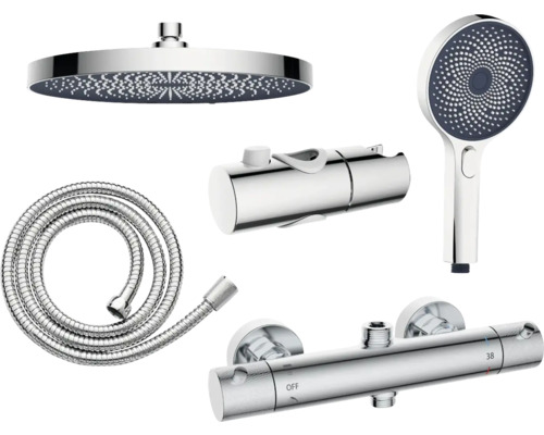 Sistem de duș cu duș fix, duș de mână, furtun de duș și baterie termostatică