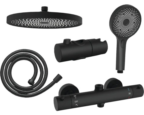 Sistem de duș cu duș fix, duș de mână, furtun de duș și baterie termostatică