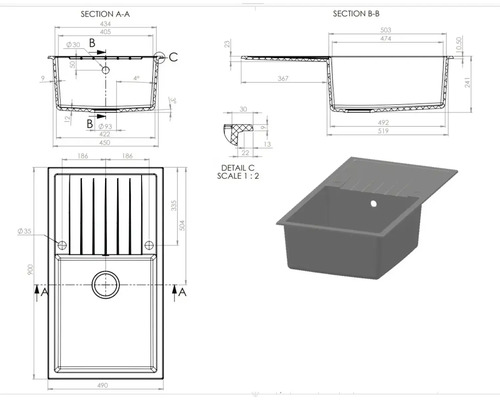 Desen tehnic al unei chiuvete cu dimensiuni