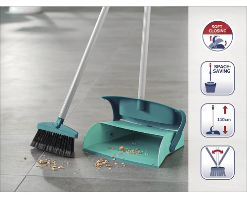 Set mătură și făraș cu funcție de închidere silențioasă, depozitare compactă și o înălțime de 110 cm.