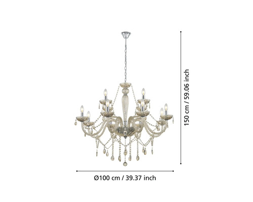 Candelabru cu pandantive de cristal și opt lumini, diametru 100 cm, înălțime 150 cm.