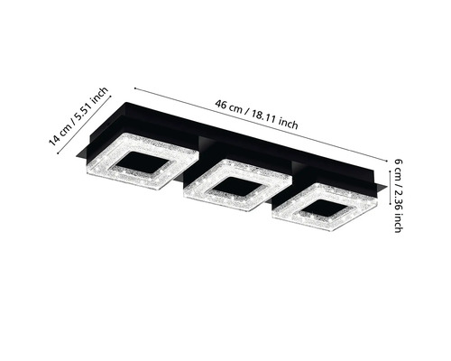 Lumină de plafon negru cu trei lămpi pătrate și indicații de dimensiuni
