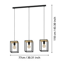 Lumină suspendată cu trei becuri, metal și lemn, 77 x 110 centimetri