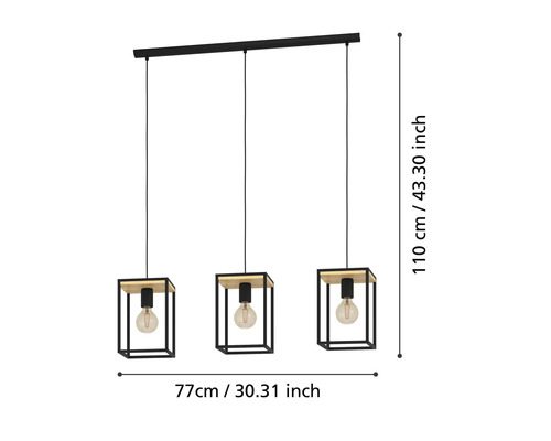 Lumină suspendată cu trei becuri, metal și lemn, 77 x 110 centimetri