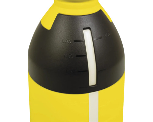 Imagine detaliată a unui recipient galben cu indicator de nivel