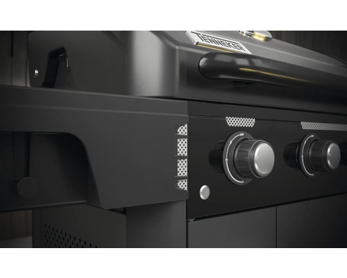 Imagine detaliată a unui grătar pe gaz negru cu butoane de control și logo Tenneker