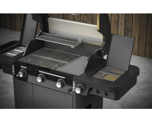 Grătar pe gaz cu patru arzătoare și grătar de menținere la cald