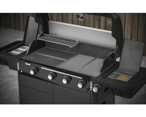 Grătar cu gaz deschis cu patru arzătoare și grătar de încălzire.