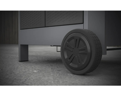 Prim-plan cu un dulap de atelier gri cu roată