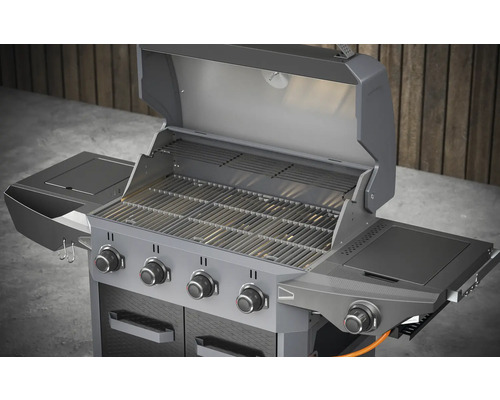 Grătar pe gaz cu patru arzătoare, arzător lateral și capac deschis