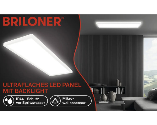 Panou LED plat cu iluminare de fundal în camera de zi, logo-ul Briloner, protecție IP44, senzor de microunde
