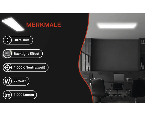 Caracteristici produs lampă de birou: Design ultra-subțire, efect de iluminare de fundal, 4000 Kelvin alb neutru, 22 wați, 3000 lumeni