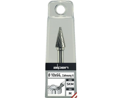 Alpen freză din metal dur formă conică diametru 10x66, danturare 6