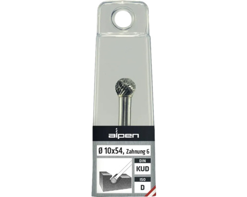 Freză s bilă Alpen cu vârf din metal dur, diametru 10x54 milimetri, dantură 6