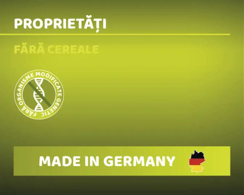 Proprietăți: Fără cereale. Fără organisme modificate genetic. Fabricat în Germania.