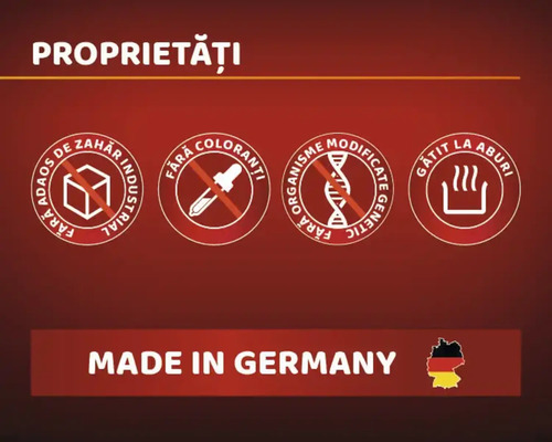 Proprietăți: Fără adaos de zahăr industrial, fără coloranți, fără organisme modificate genetic, gătit la aburi, fabricat în Germania.