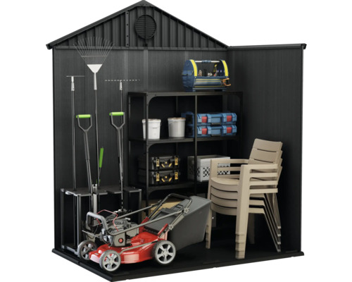 Magazie de grădină cu mașină de tuns iarba, rafturi și unelte de grădină