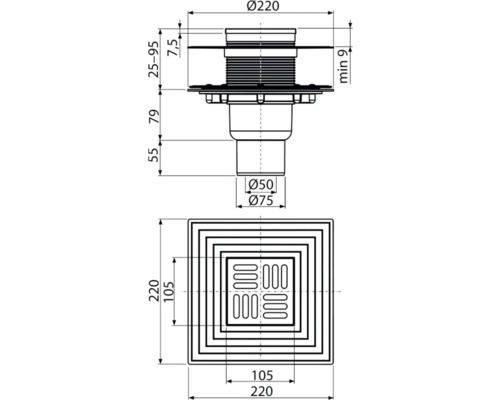 Desen tehnic al unui sifon de pardoseală cu dimensiuni